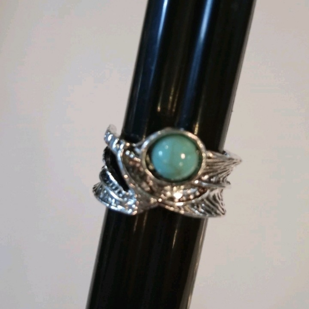 Southwestern Silver Tone Wide Feather Wrap Simulated Turquoise Cabachon Stone